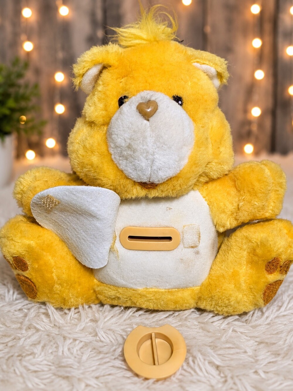 Rare Vintage 1984 Care Bears Birthday Bear Yellow Plush Coin Piggy Bank Plug AGC